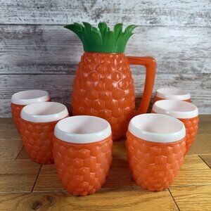 Vintage 1970’s Minerware Pineapple Pitcher Jug  & 6 Tumbler Cups Made In USA